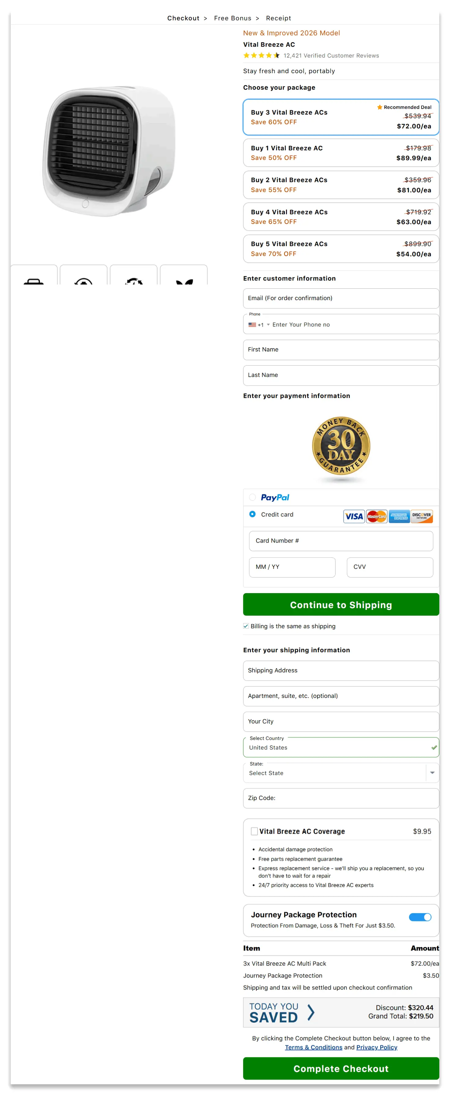 Vital Breeze AC secure checkout page